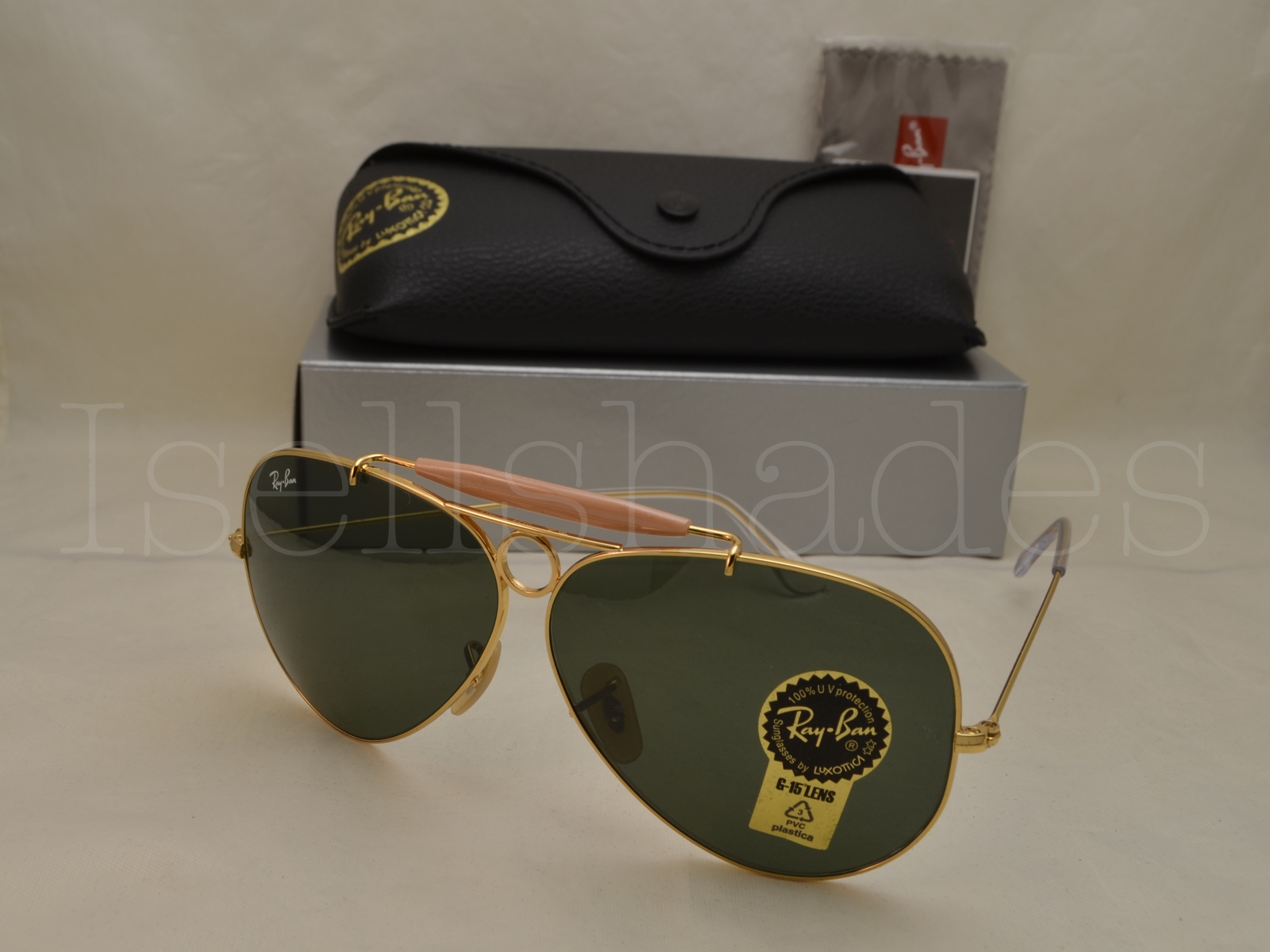 Ray Ban SHOOTER (RB3138-001 62) Arista with Crystal Green Lens ...